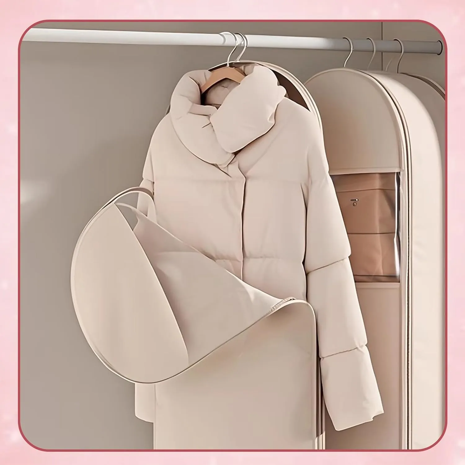 2025 New Space Saving Hanging Garment Bag with Self Compression Zipper, Dust Cover Clothes Bags for Home (Pink, L)
