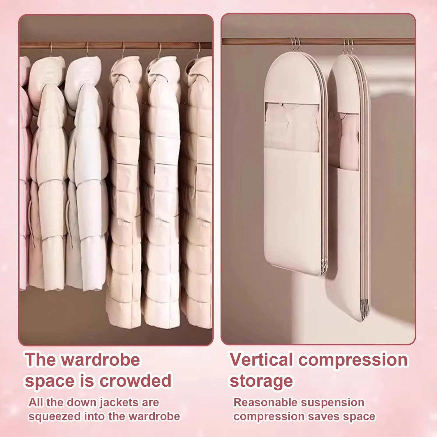 2025 New Space Saving Hanging Garment Bag with Self Compression Zipper, Dust Cover Clothes Bags for Home (Pink, L)