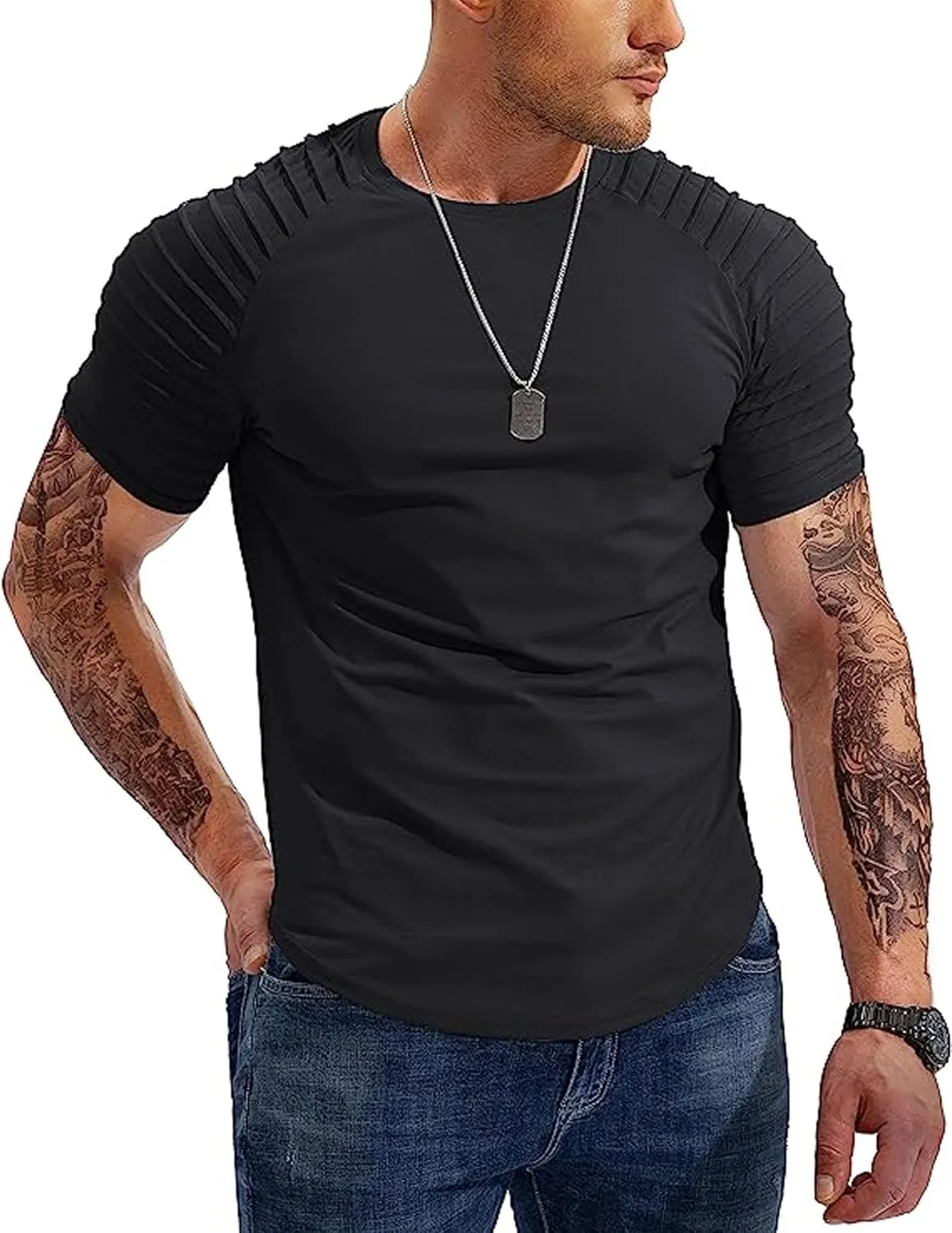 3 Pack Men's Hispter Longline T-Shirts with Pleated Sleeves, Athletic Raglan Workout Gym Tees Bodybuilding Tops