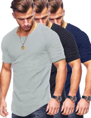 3 Pack Men's Hispter Longline T-Shirts with Pleated Sleeves, Athletic Raglan Workout Gym Tees Bodybuilding Tops