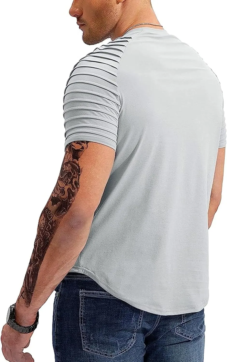 3 Pack Men's Hispter Longline T-Shirts with Pleated Sleeves, Athletic Raglan Workout Gym Tees Bodybuilding Tops