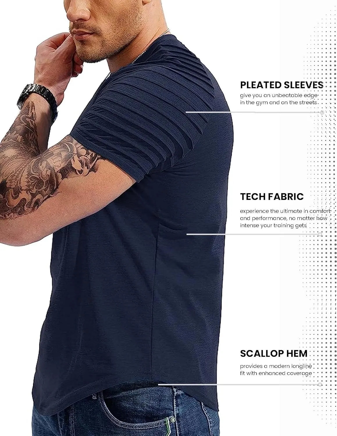 3 Pack Men's Hispter Longline T-Shirts with Pleated Sleeves, Athletic Raglan Workout Gym Tees Bodybuilding Tops