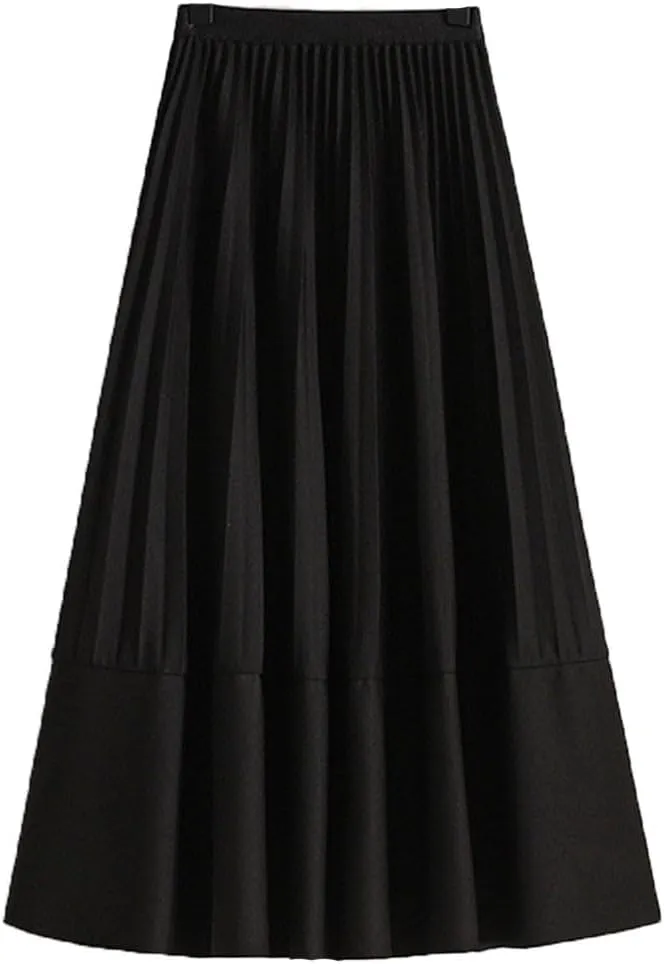Basics Pleated Midi Long Skirt Women Autumn All-Match Casual Simple Solid A Line High Waist Mid-Length Skirt