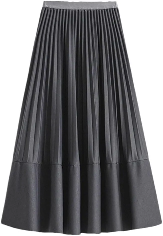 Basics Pleated Midi Long Skirt Women Autumn All-Match Casual Simple Solid A Line High Waist Mid-Length Skirt