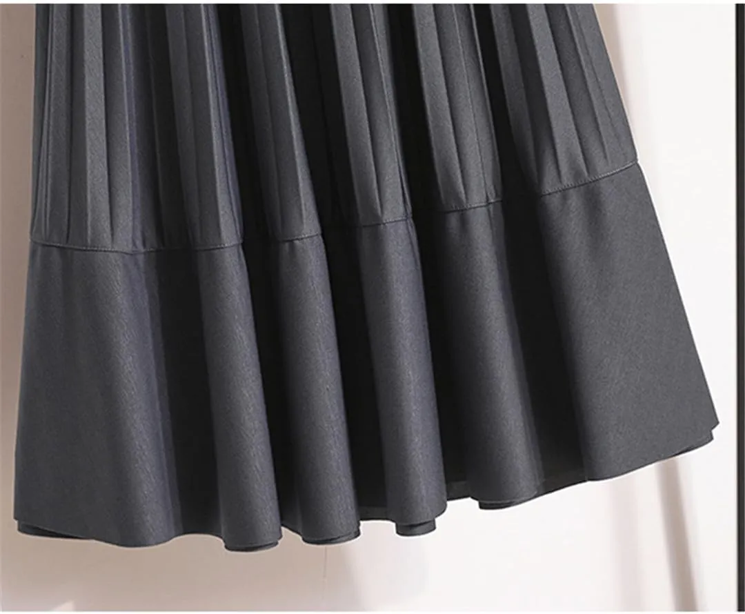 Basics Pleated Midi Long Skirt Women Autumn All-Match Casual Simple Solid A Line High Waist Mid-Length Skirt