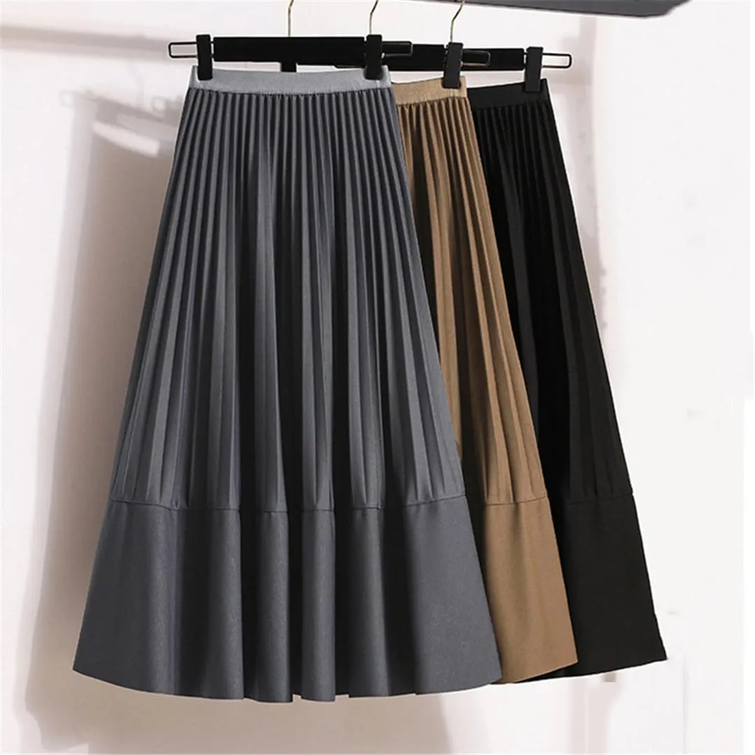 Basics Pleated Midi Long Skirt Women Autumn All-Match Casual Simple Solid A Line High Waist Mid-Length Skirt