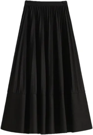 Basics Pleated Midi Long Skirt Women Autumn All-Match Casual Simple Solid A Line High Waist Mid-Length Skirt