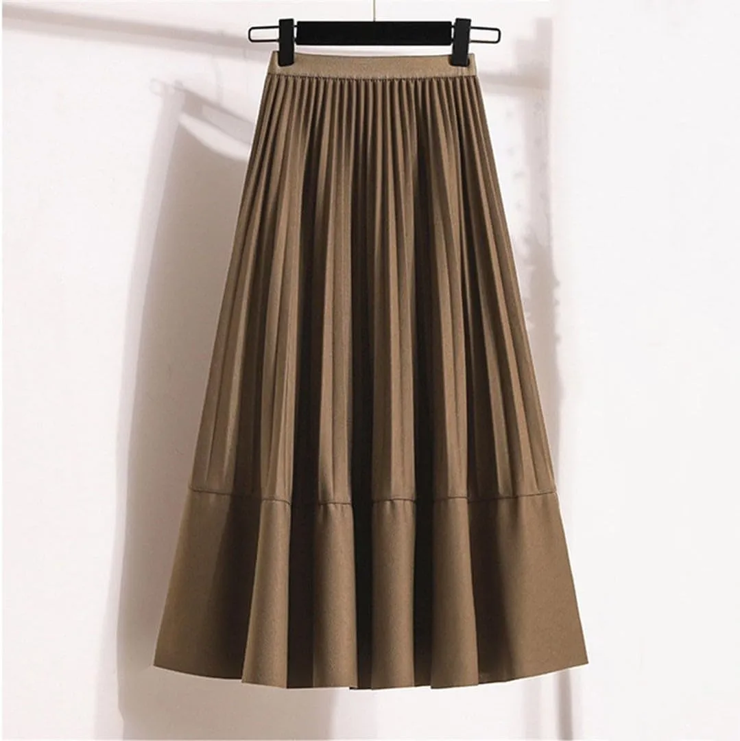 Basics Pleated Midi Long Skirt Women Autumn All-Match Casual Simple Solid A Line High Waist Mid-Length Skirt