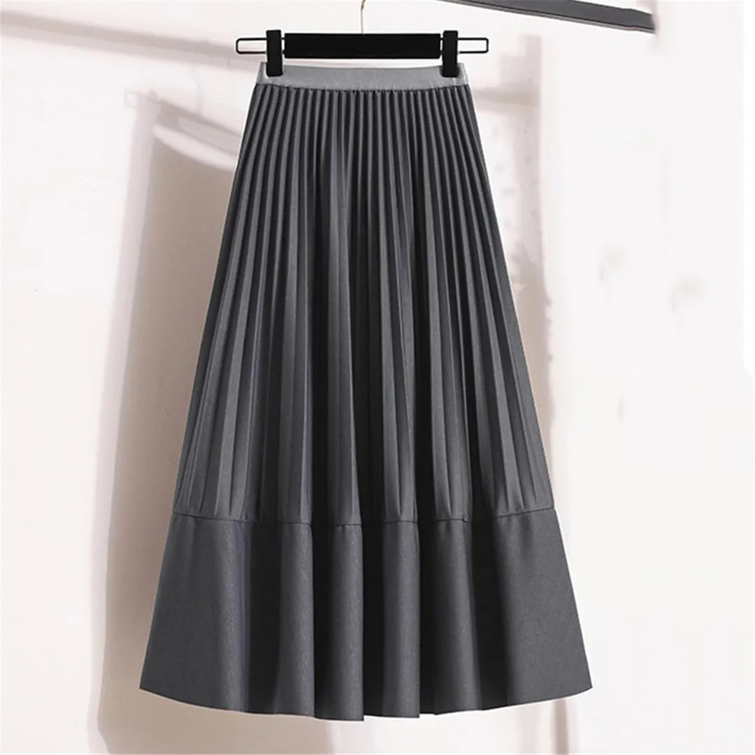 Basics Pleated Midi Long Skirt Women Autumn All-Match Casual Simple Solid A Line High Waist Mid-Length Skirt