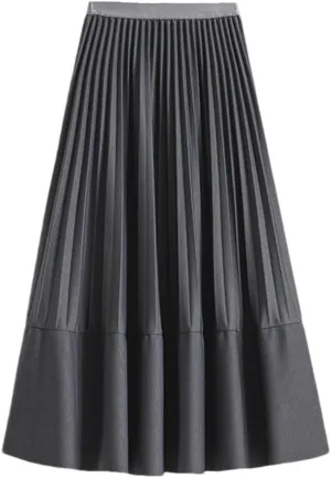 Basics Pleated Midi Long Skirt Women Autumn All-Match Casual Simple Solid A Line High Waist Mid-Length Skirt