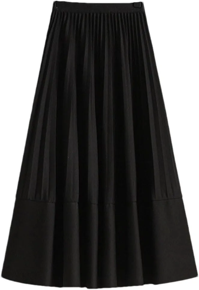 Basics Pleated Midi Long Skirt Women Autumn All-Match Casual Simple Solid A Line High Waist Mid-Length Skirt
