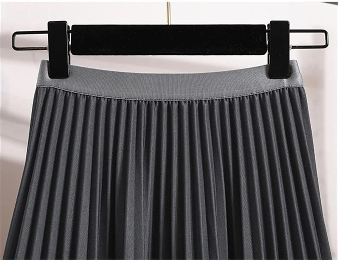 Basics Pleated Midi Long Skirt Women Autumn All-Match Casual Simple Solid A Line High Waist Mid-Length Skirt