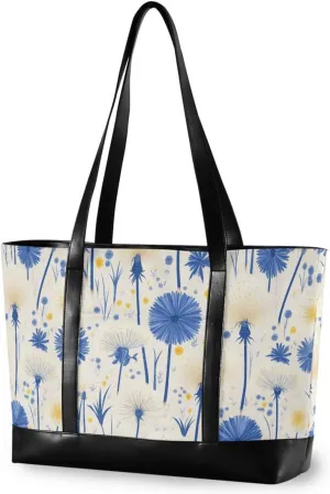 Blue White Dandelion Flower Chic Large Capacity laptop totes with zipper structured tote for Travel Gym Vacation with yoga estuche para laptop 14 pulgadas