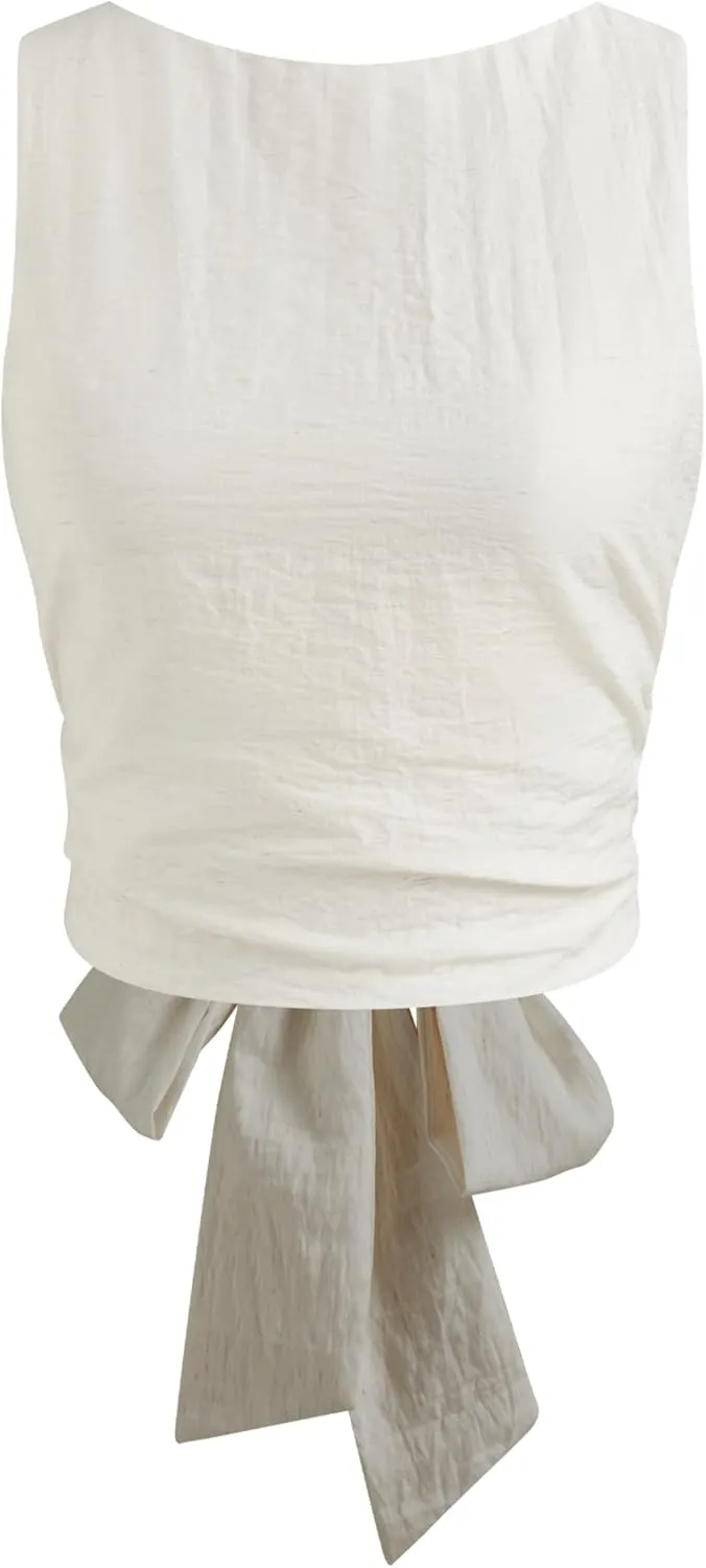 CIDER Shirts for Women Linen Blend Boat Neck Knotted Backless Sleeveless Summer Crop Tank Top Blouse