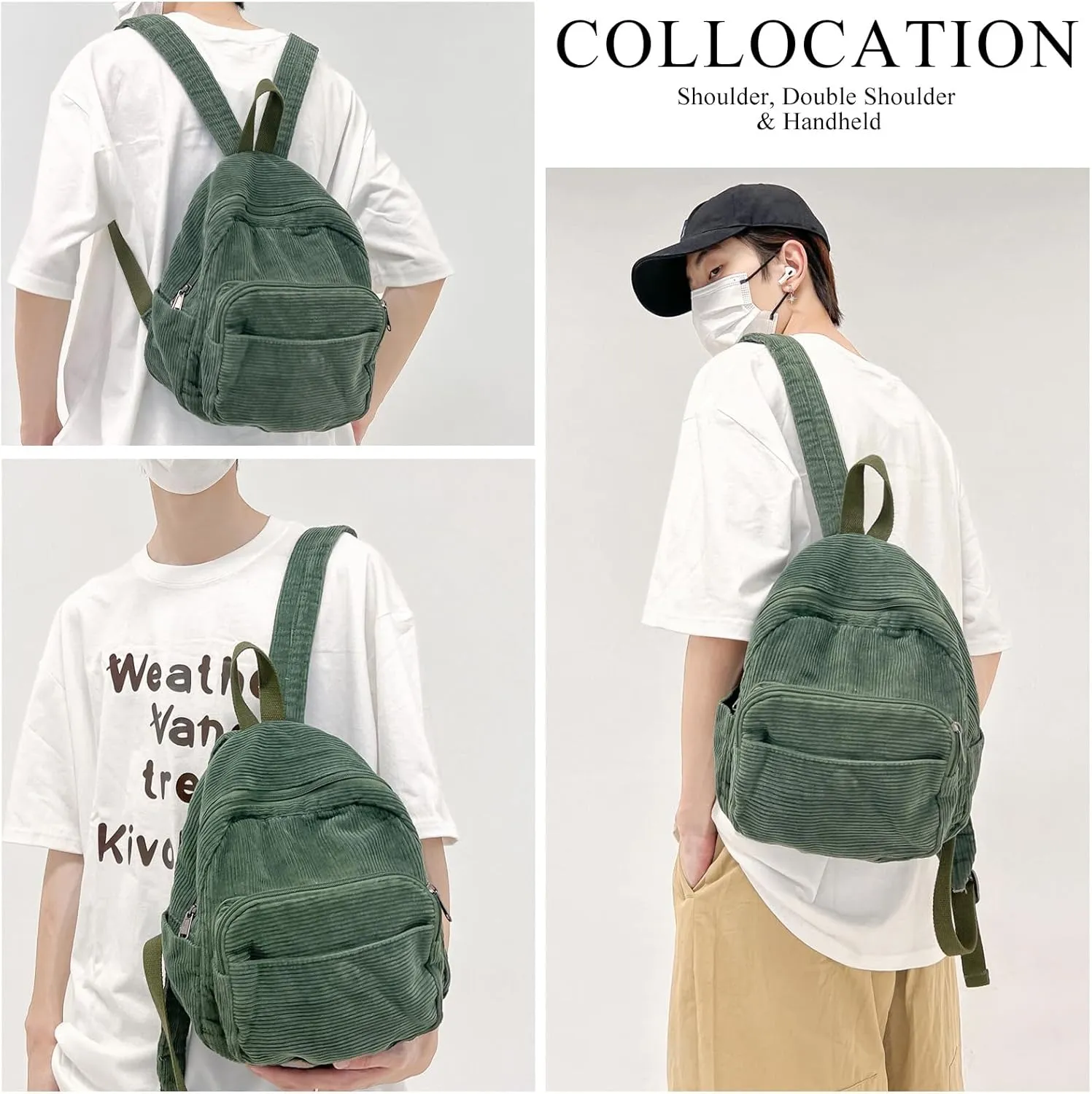 Corduroy Backpack, Small Simple Backpack Y2K Aesthetic Backpack Casual Daypack Backpacks for Women, Green, One Size