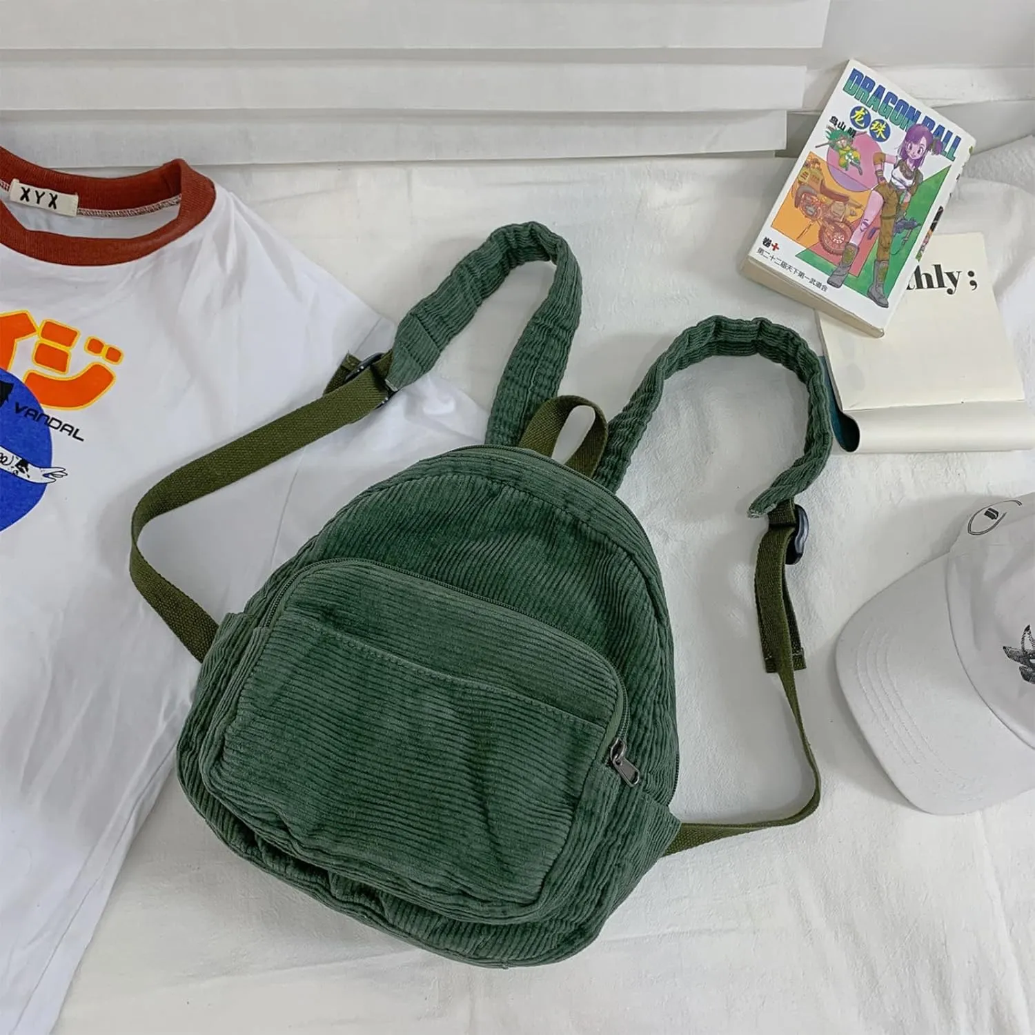 Corduroy Backpack, Small Simple Backpack Y2K Aesthetic Backpack Casual Daypack Backpacks for Women, Green, One Size