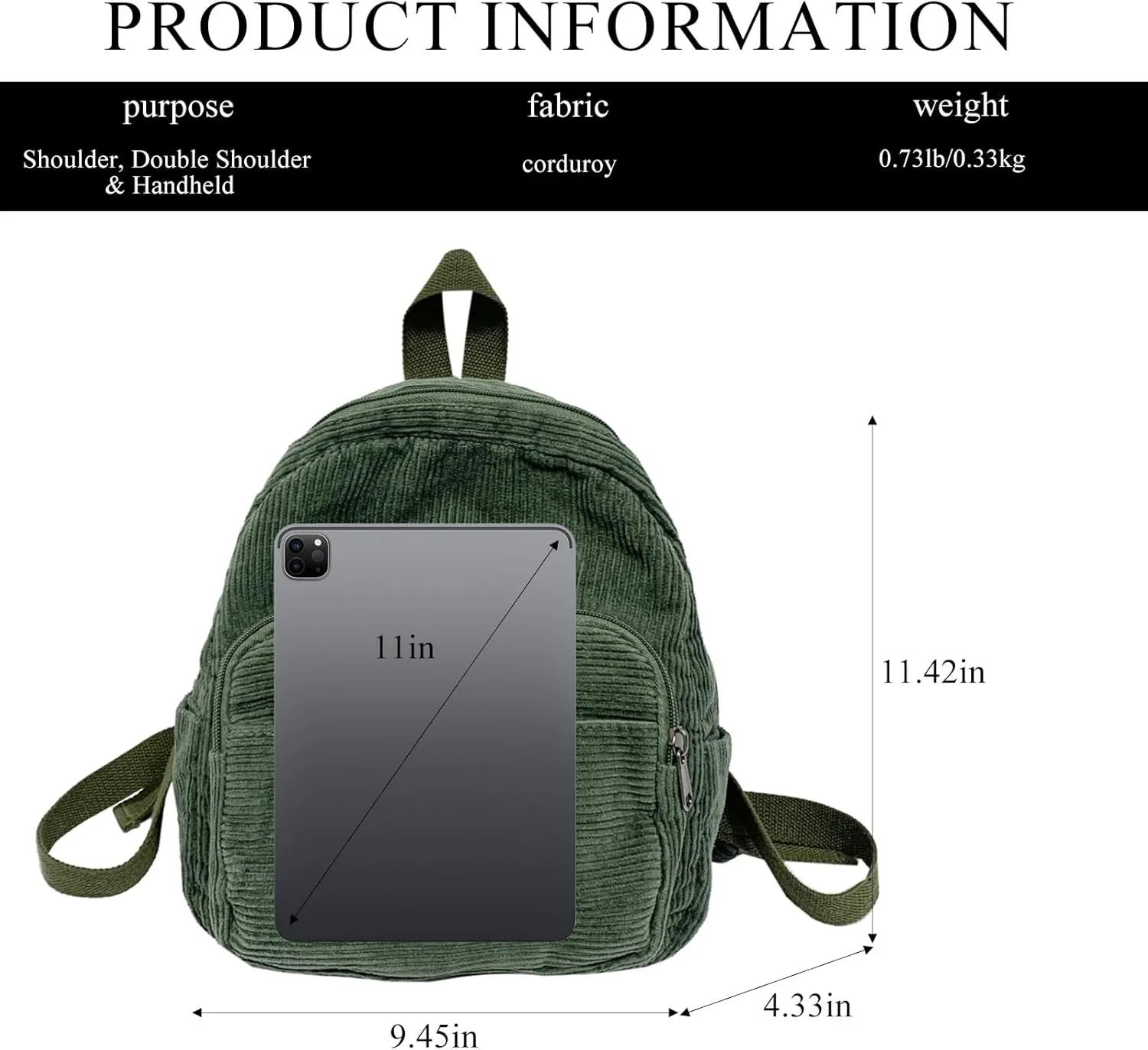 Corduroy Backpack, Small Simple Backpack Y2K Aesthetic Backpack Casual Daypack Backpacks for Women, Green, One Size