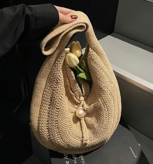Cotton Rope Purses for Women Woven Hobo Shoulder Bag Purse Chic Hollow-out Handbag for Beach Summer Travel