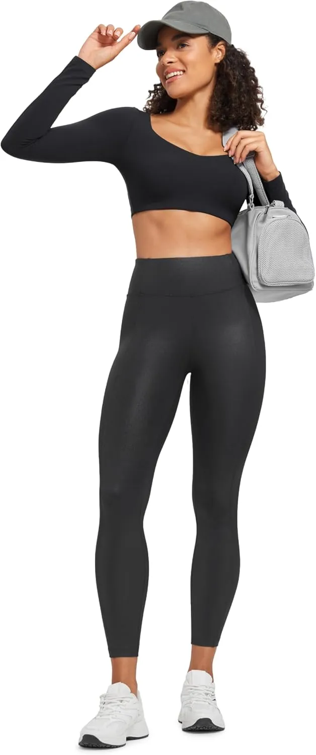 CRZ YOGA Butterluxe Women Matte Faux Leather Leggings with Back Pockets 25" - High Waist Stretch Pleather Pants Tights