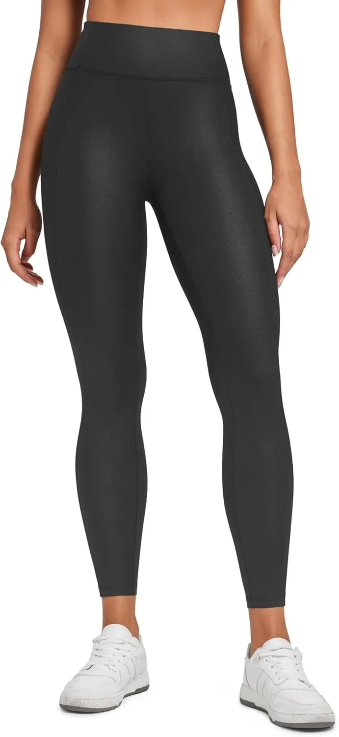 CRZ YOGA Butterluxe Women Matte Faux Leather Leggings with Back Pockets 25" - High Waist Stretch Pleather Pants Tights