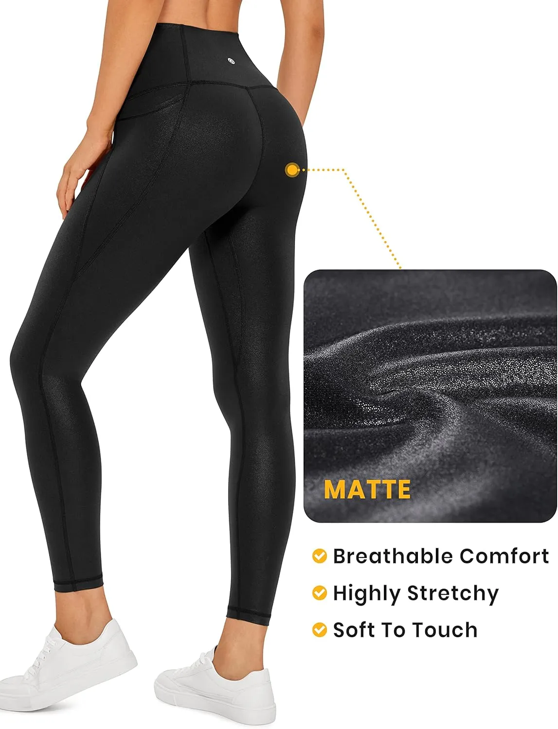 CRZ YOGA Womens Butterluxe Matte Faux Leather Leggings 25" - High Waisted Pockets Buttery Soft Lounge