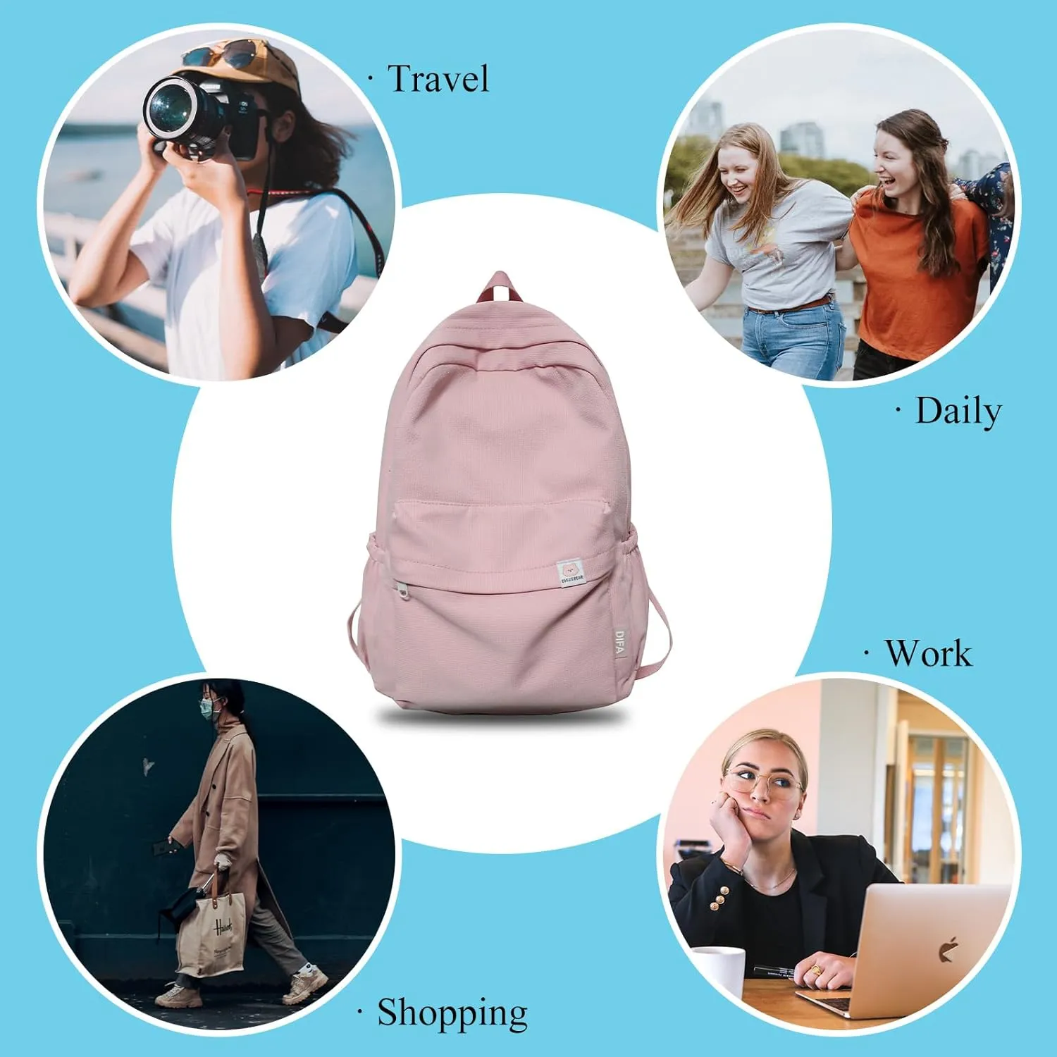 Cute Aesthetic Backpack, Simple Solid Color Backpacks Y2K Kawaii Backpack Travel Laptop Backpack, Pink, One Size
