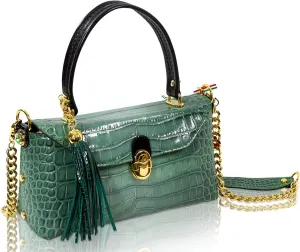 Designer East West Tote Purse Jade Croc Embossed Leather Structured Bag Italian Handbag