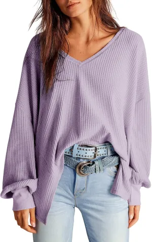 Dokotoo Womens Waffle Knit Tops Fashion 2025 Long Lantern Sleeve Casual Blouses V Neck Oversized T Shirts
