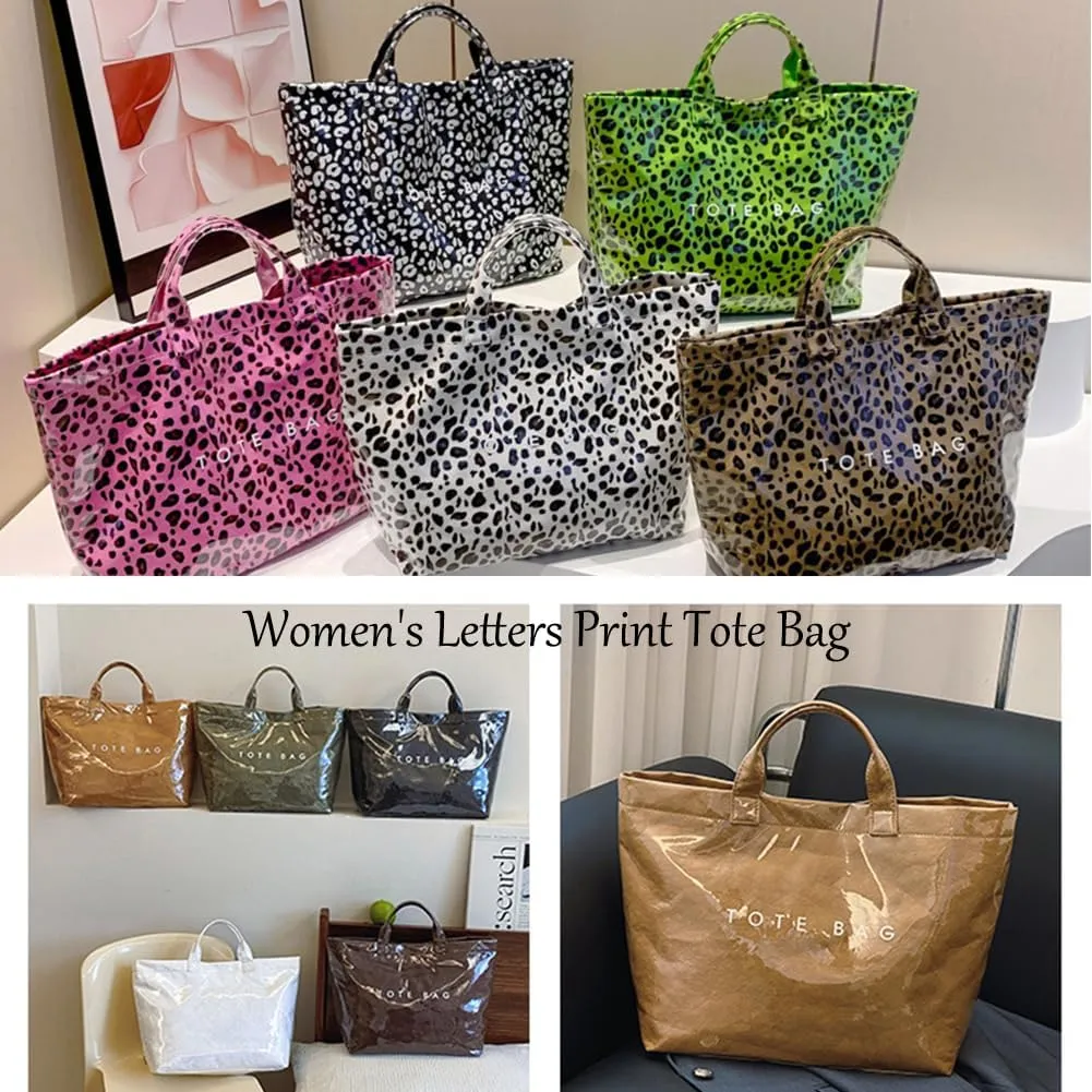 Earnbmaings Women's Letters Print Waterproof Tote Bag, Large Structured Canvas Pvc Plastic Paper Bag Top with Handles