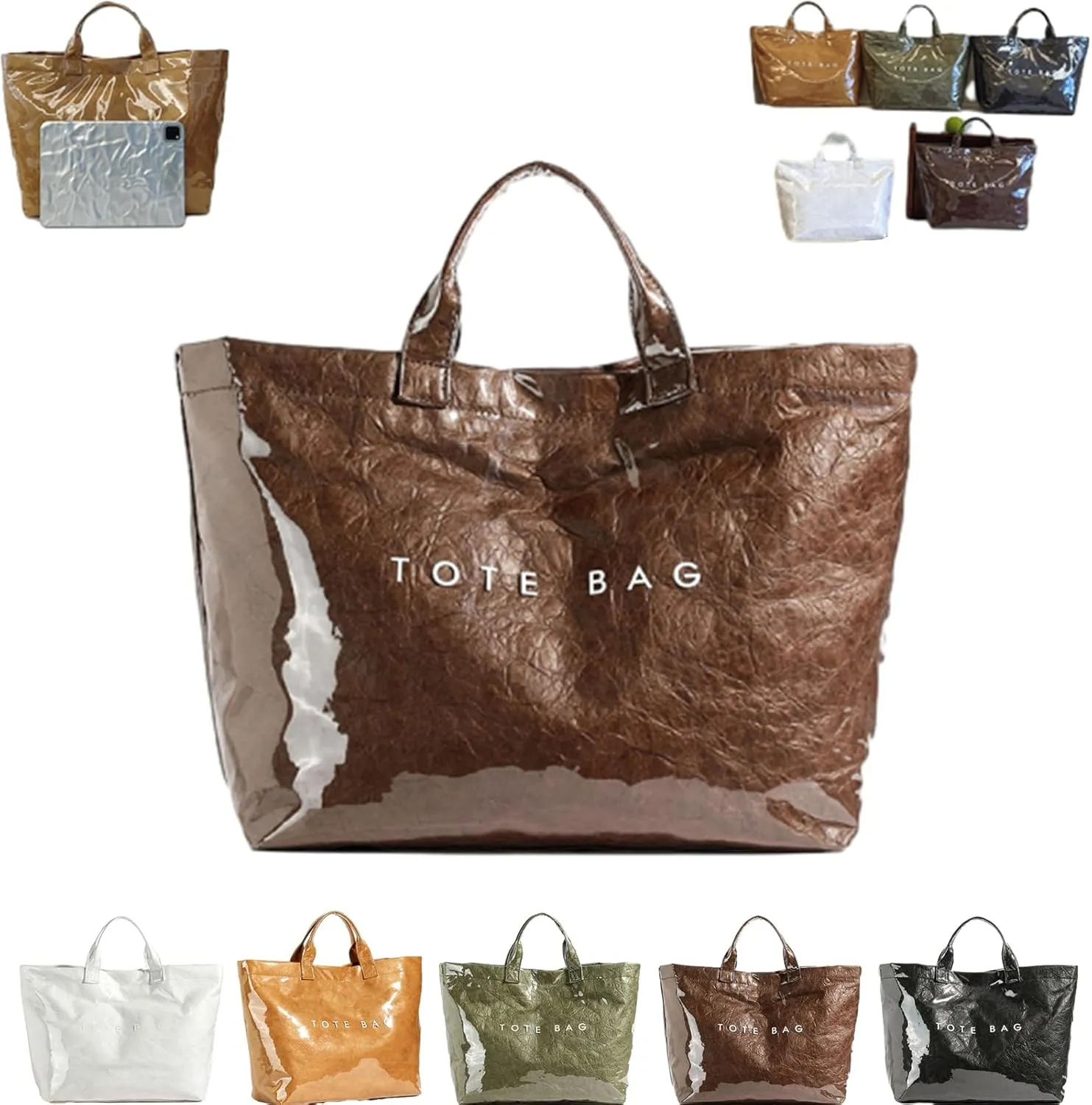 Earnbmaings Women's Letters Print Waterproof Tote Bag, Large Structured Canvas Pvc Plastic Paper Bag Top with Handles