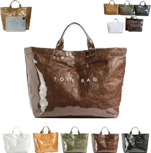 Earnbmaings Women's Letters Print Waterproof Tote Bag, Large Structured Canvas Pvc Plastic Paper Bag Top with Handles