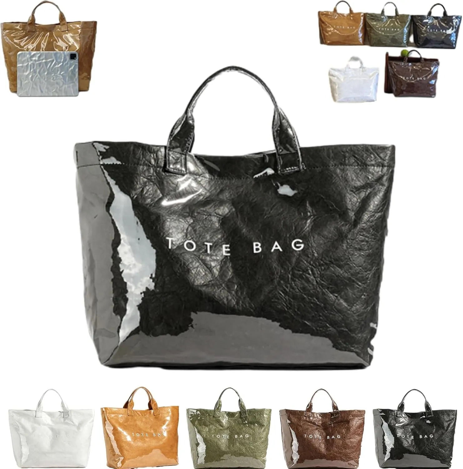 Earnbmaings Women's Letters Print Waterproof Tote Bag, Large Structured Canvas Pvc Plastic Paper Bag Top with Handles