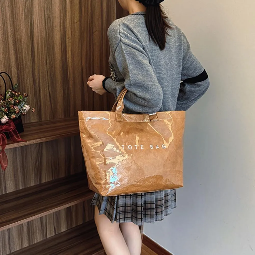 Earnbmaings Women's Letters Print Waterproof Tote Bag, Large Structured Canvas Pvc Plastic Paper Bag Top with Handles