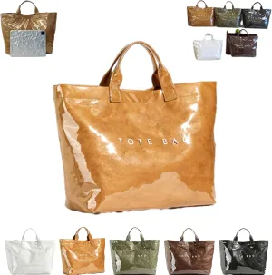 Earnbmaings Women's Letters Print Waterproof Tote Bag, Large Structured Canvas Pvc Plastic Paper Bag Top with Handles