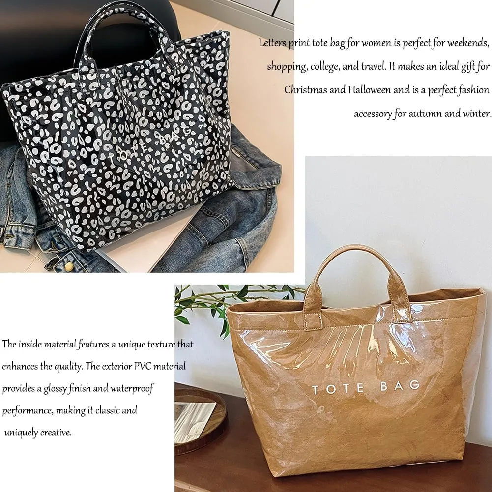 Earnbmaings Women's Letters Print Waterproof Tote Bag, Large Structured Canvas Pvc Plastic Paper Bag Top with Handles