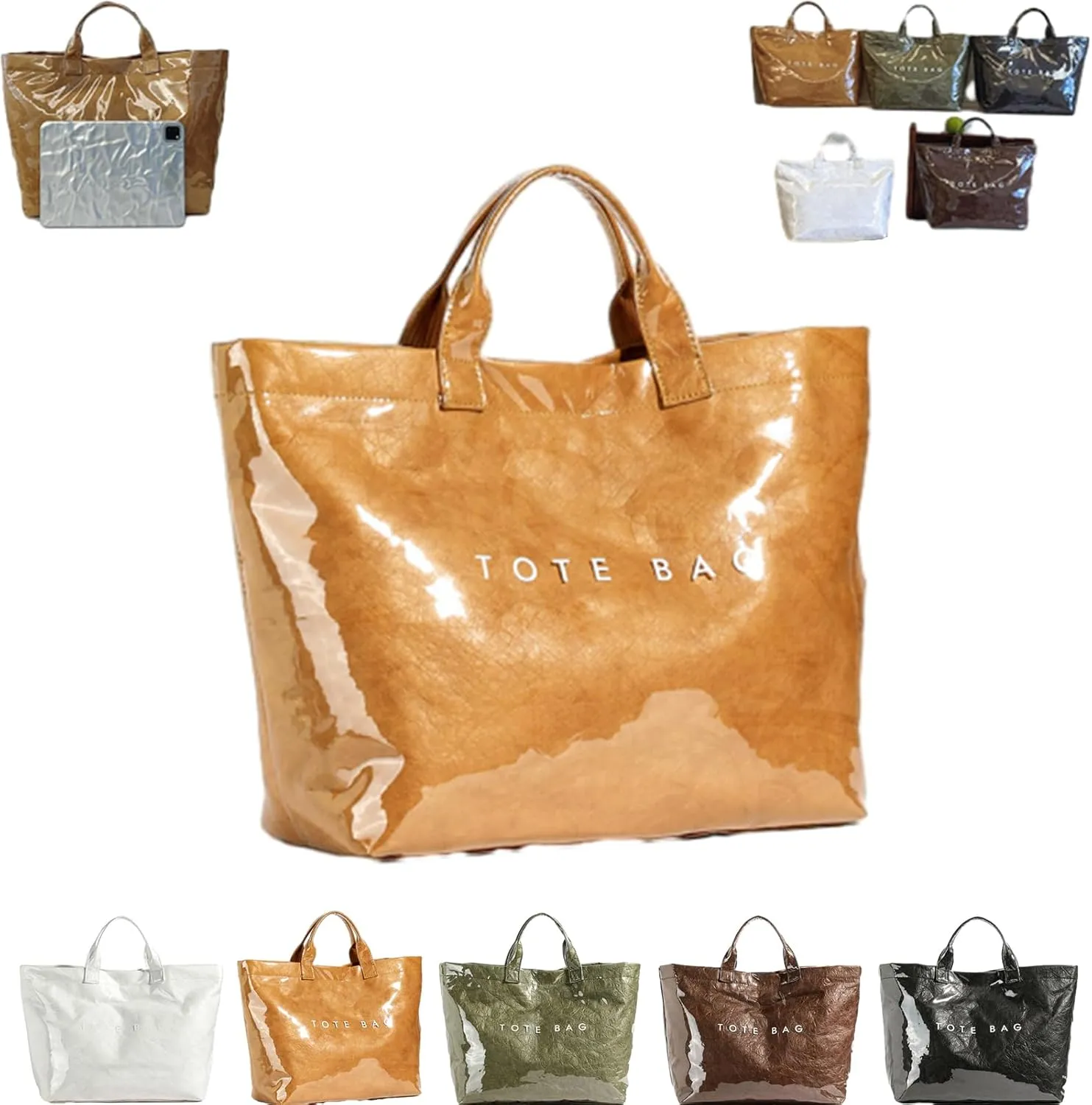 Earnbmaings Women's Letters Print Waterproof Tote Bag, Large Structured Canvas Pvc Plastic Paper Bag Top with Handles