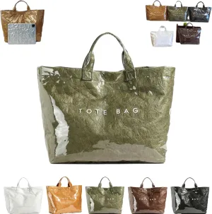 Earnbmaings Women's Letters Print Waterproof Tote Bag, Large Structured Canvas Pvc Plastic Paper Bag Top with Handles