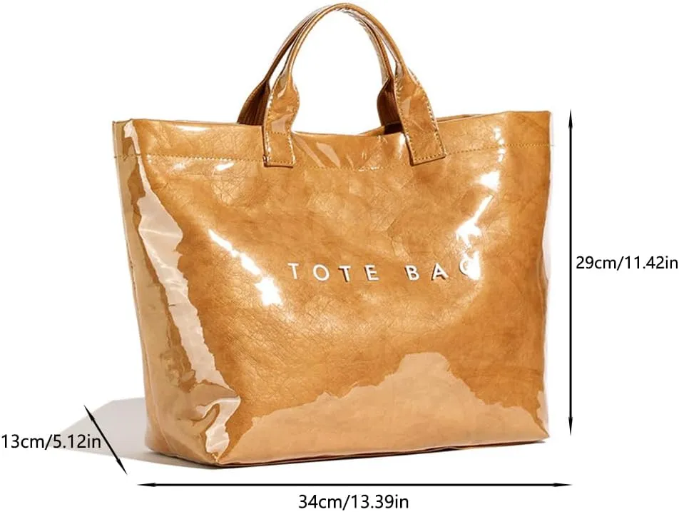 Earnbmaings Women's Letters Print Waterproof Tote Bag, Large Structured Canvas Pvc Plastic Paper Bag Top with Handles