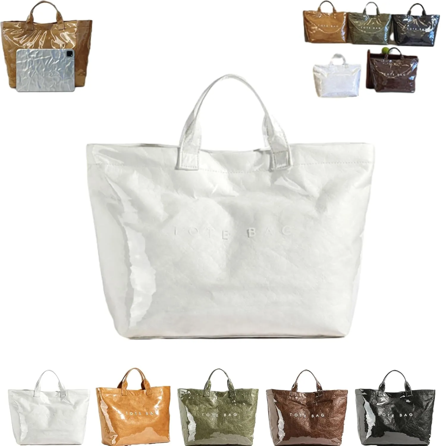 Earnbmaings Women's Letters Print Waterproof Tote Bag, Large Structured Canvas Pvc Plastic Paper Bag Top with Handles