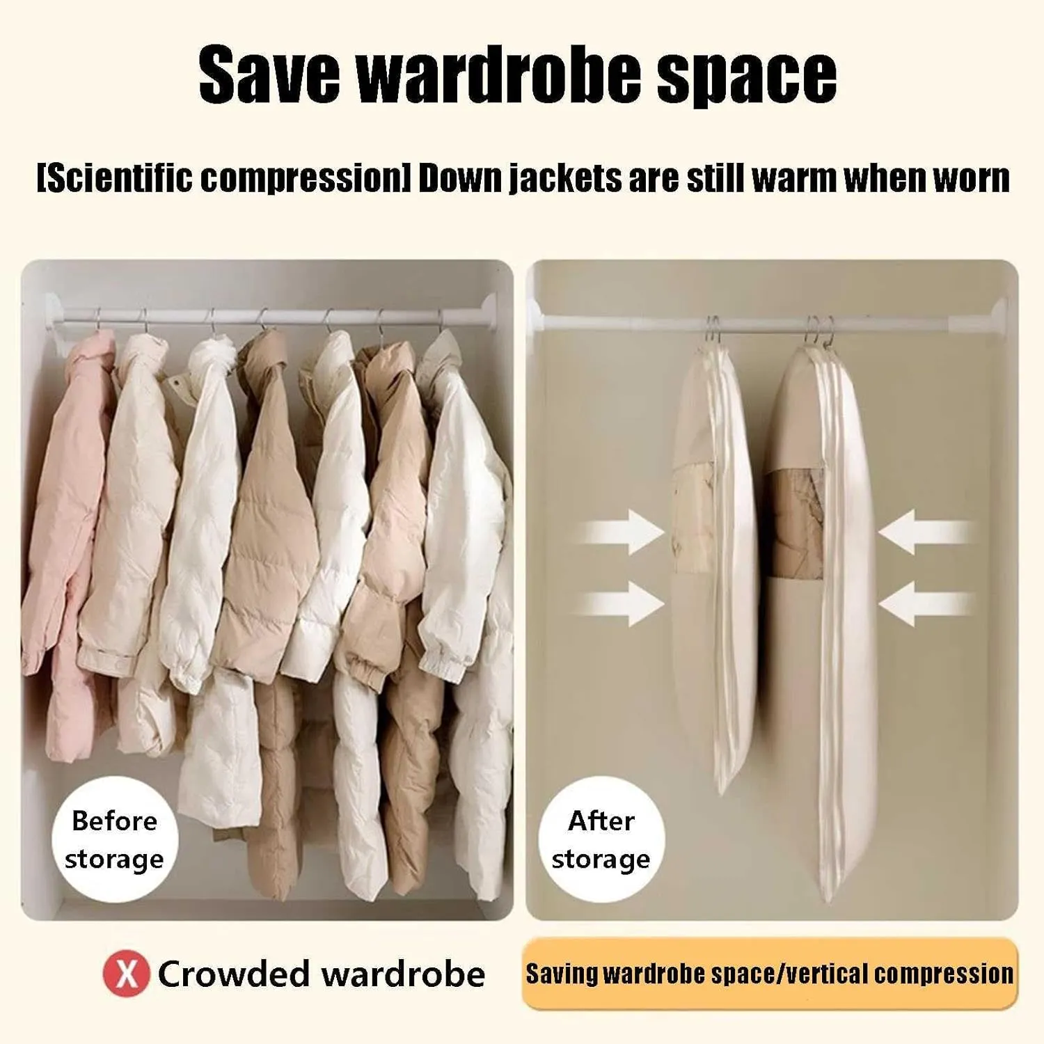 Garment Bag Saver Dust Cover : 2025 New Space Hanging Closet Organizers Down Coat Compression Dust Cover with Self Compression Zipper for Closet Storage