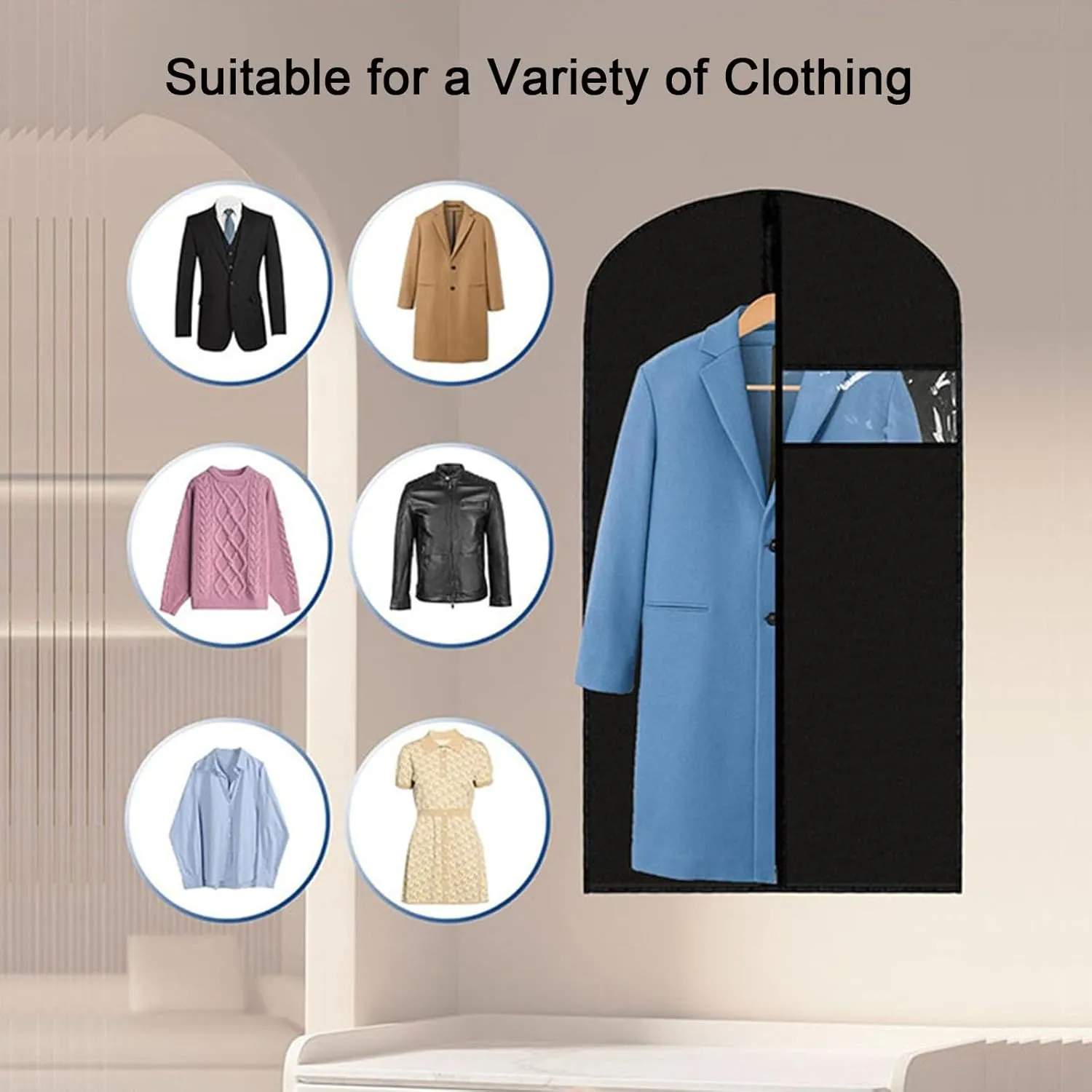 Garment Bags for Hanging Clothes, Clothes Cover, Zipper with Transparent Window for Shirts, Suit Jackets, Closed Bottom(Black,60x120cm x47in)