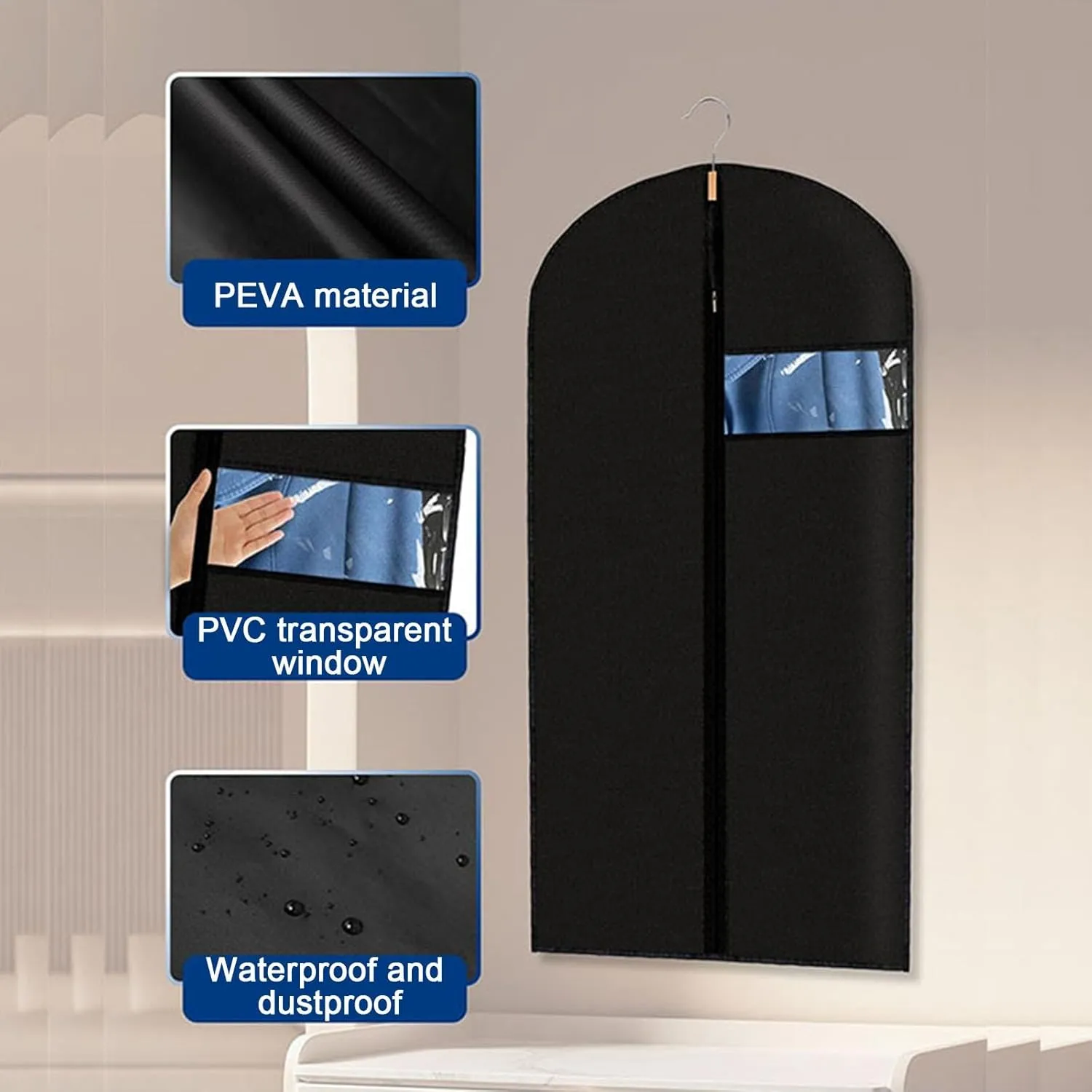 Garment Bags for Hanging Clothes, Clothes Cover, Zipper with Transparent Window for Shirts, Suit Jackets, Closed Bottom(Black,60x120cm x47in)