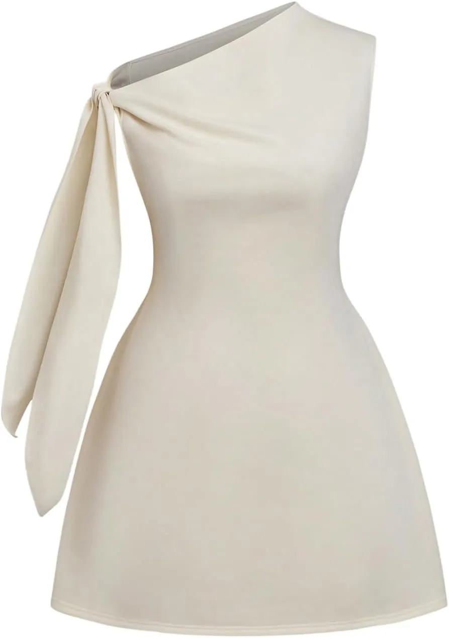 GORGLITTER Women's Off The Shoulder Mini Dress Tie Shoulder Asymmetrical A Line Flared Chic Cocktail Dresses