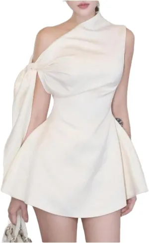 GORGLITTER Women's Off The Shoulder Mini Dress Tie Shoulder Asymmetrical A Line Flared Chic Cocktail Dresses