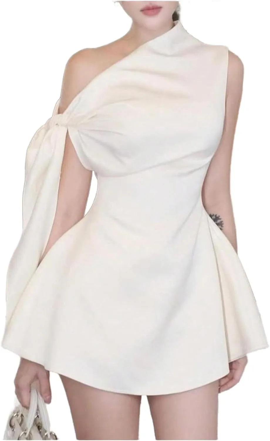 GORGLITTER Women's Off The Shoulder Mini Dress Tie Shoulder Asymmetrical A Line Flared Chic Cocktail Dresses