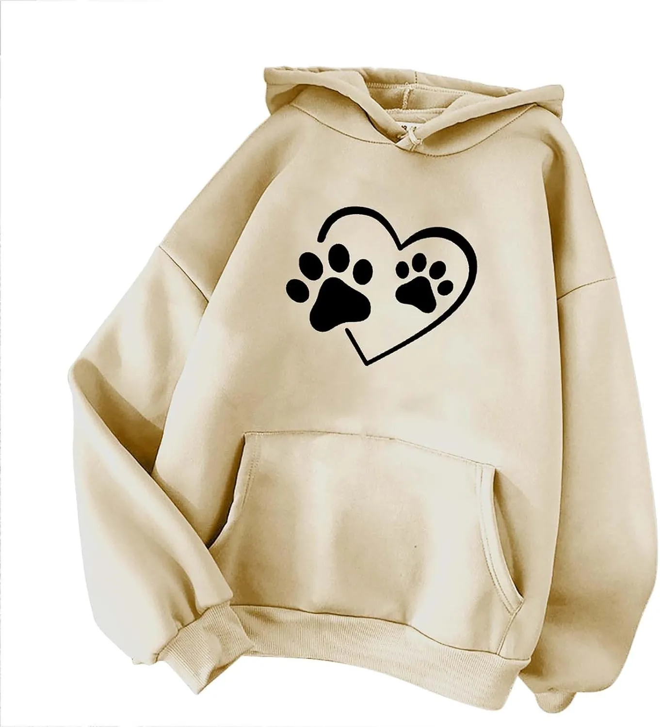 Heart Print Hoodies for Women Drawstring Long Sleeve Cute Oversized Sweatshirt Dog Paw Print Graphic Pullover Tops