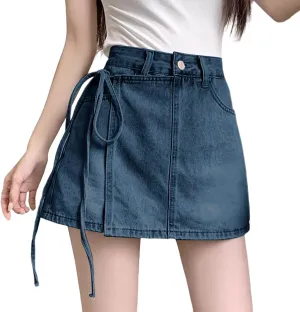 HGps8w Women's Summer Denim Mini Skirt Chic Wrap Tie Side High Waisted Skorts A-Line Short Jeans Skirts with Pockets