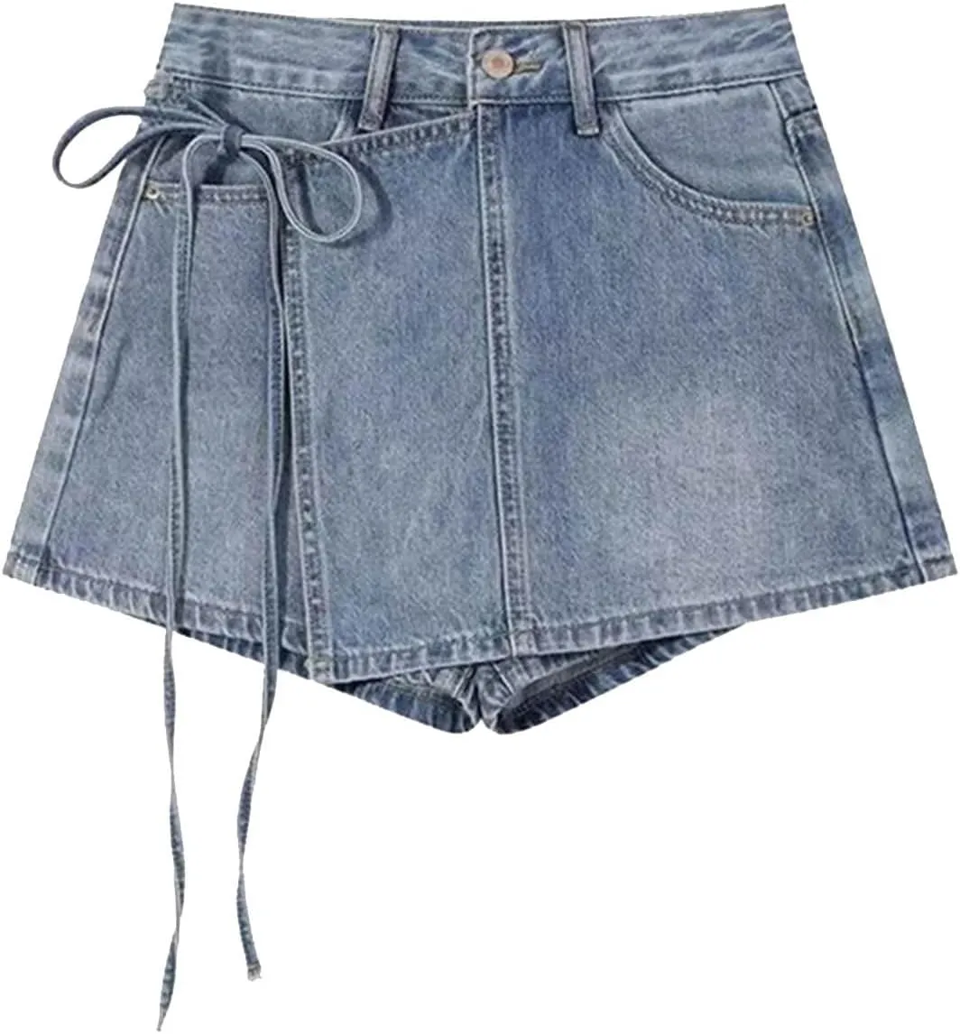 HGps8w Women's Summer Denim Mini Skirt Chic Wrap Tie Side High Waisted Skorts A-Line Short Jeans Skirts with Pockets