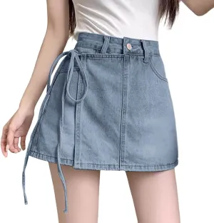 HGps8w Women's Summer Denim Mini Skirt Chic Wrap Tie Side High Waisted Skorts A-Line Short Jeans Skirts with Pockets