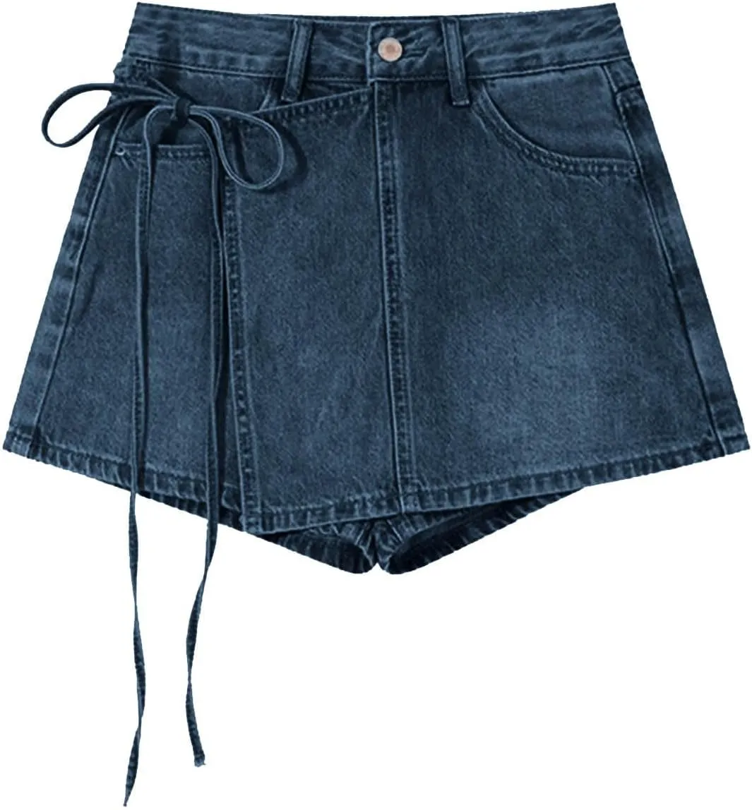 HGps8w Women's Summer Denim Mini Skirt Chic Wrap Tie Side High Waisted Skorts A-Line Short Jeans Skirts with Pockets
